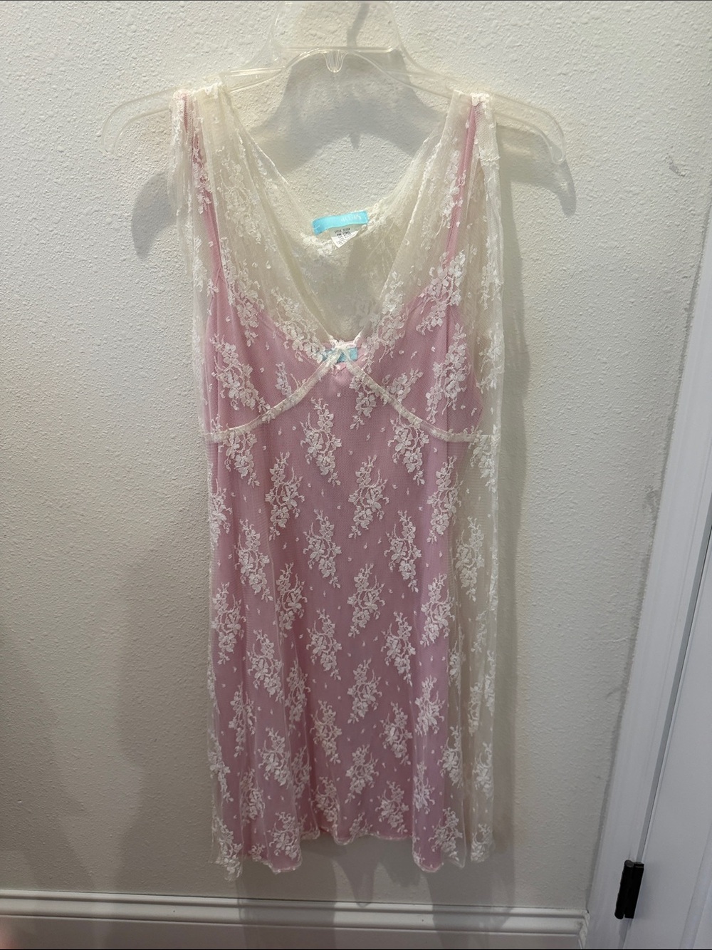 Lace-Trim Pink Dress with Ivory Overlay